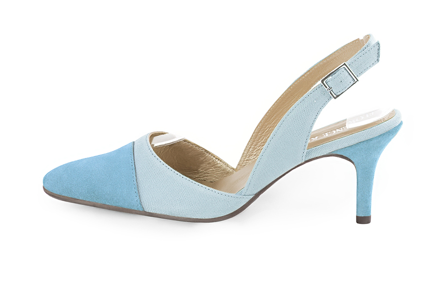 Women's sky blue elegant slingback heels. Tapered toe. High slim heel - Profile view